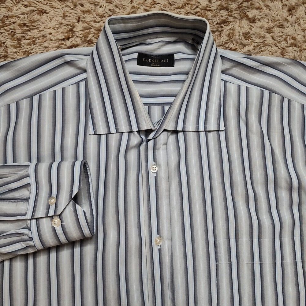 Corneliani Blue Striped Men Sz 17 43 L Long Sleeve Button Up Shirt